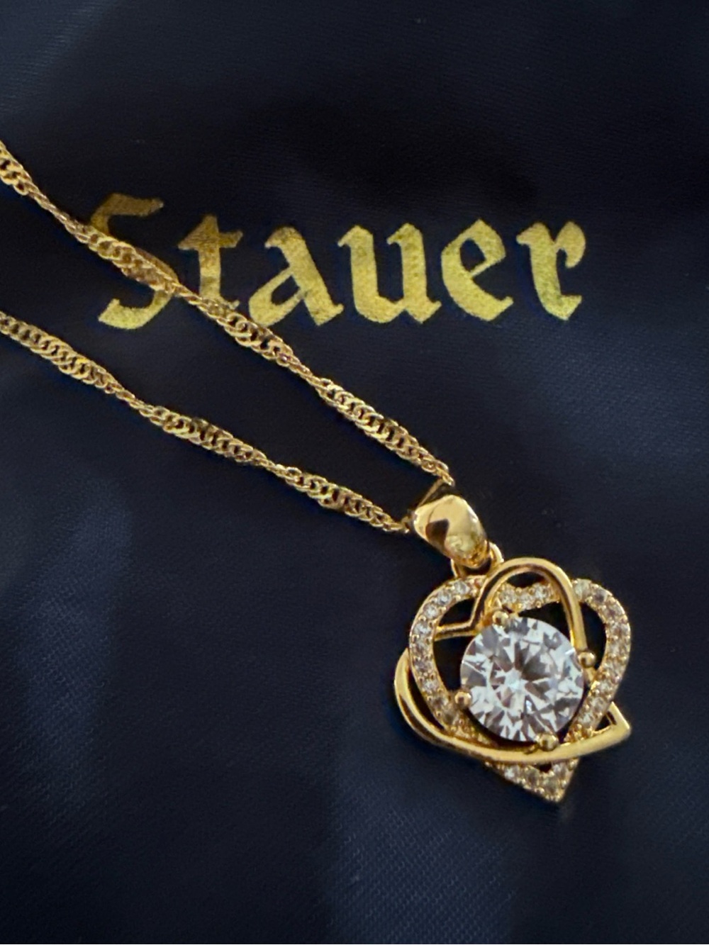 Stauer Gold Tone 9” Heart Necklace W Round Diamond Color In Center